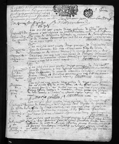 Collection communale. Baptêmes, mariages, sépultures, 1695