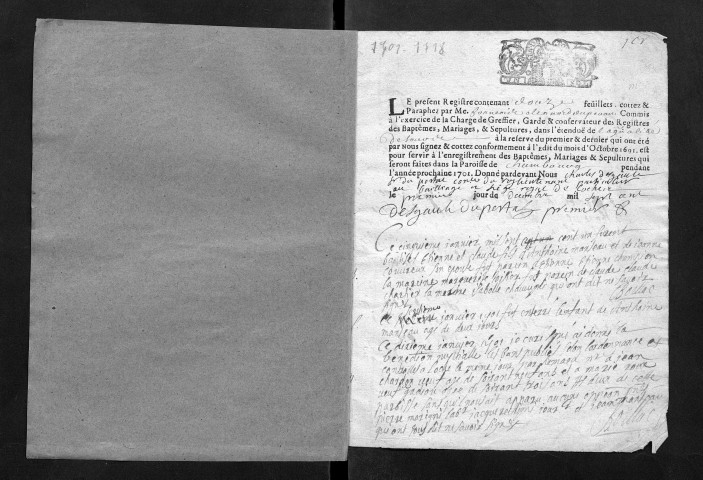Collection communale. Baptêmes, mariages, sépultures, 1701-juin 1718. Contient une lettre du greffier du bailliage de Loches au curé de Chambourg (1762)