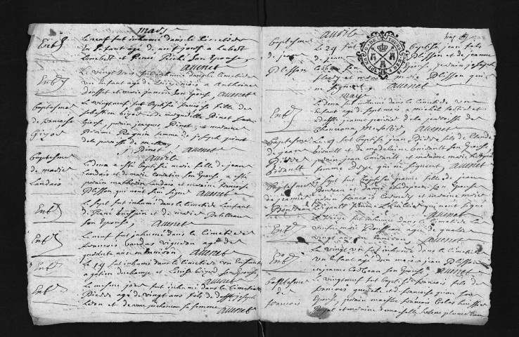 Collection du greffe. Baptêmes, mariages, sépultures, 1733