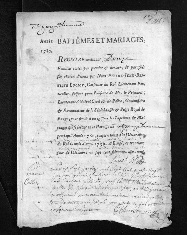Collection du greffe.Baptêmes, mariages, sépultures, 1780