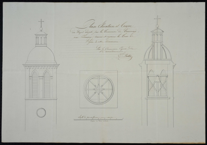 Plan projet de couverture et réparation du clocher [1824], plan de l'église en l'état actuel (1859), huit plans projet d'agrandissement (1859), deux plans projet d'agrandissement (1860),