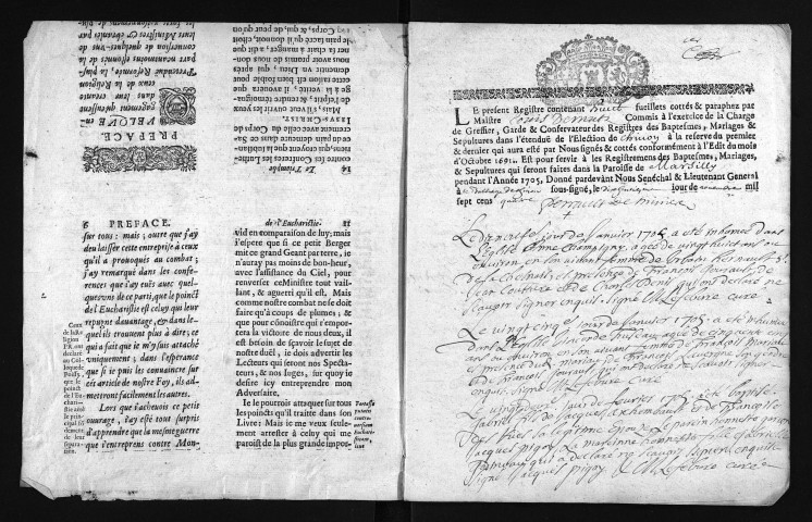 Collection du greffe. Baptêmes, mariages, sépultures, 1705