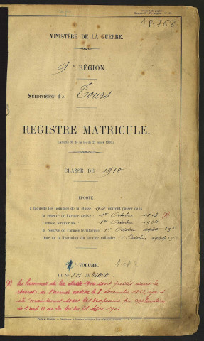 Classe 1910. Matricules n°425-1000