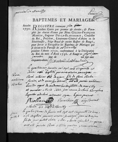 Collection du greffe. Baptêmes, mariages, 1752