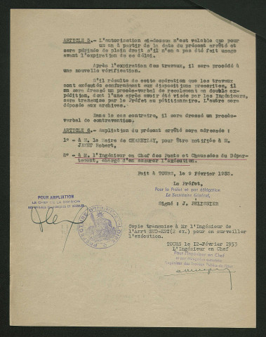 Arrêté préfectoral ordonnant la désaffectation du moulin (9 février 1953)