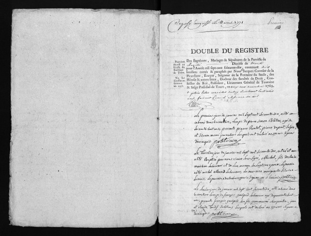 Collection du greffe. Baptêmes, mariages, sépultures, 1770