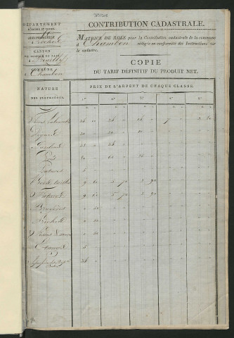 Matrice de rôle pour la contribution cadastrale, art. 1 à 292 (1819-1821).