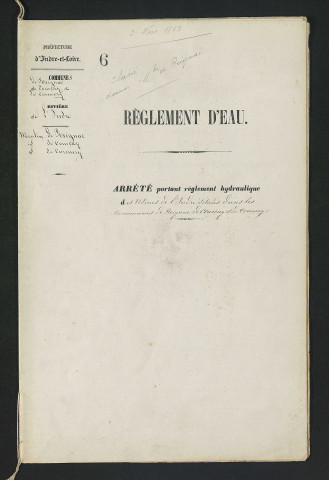 Arrêté portant règlement hydraulique des usines de l'Indre situées dans les communes de Reignac, de Courçay et de Cormery (3 mars 1853)