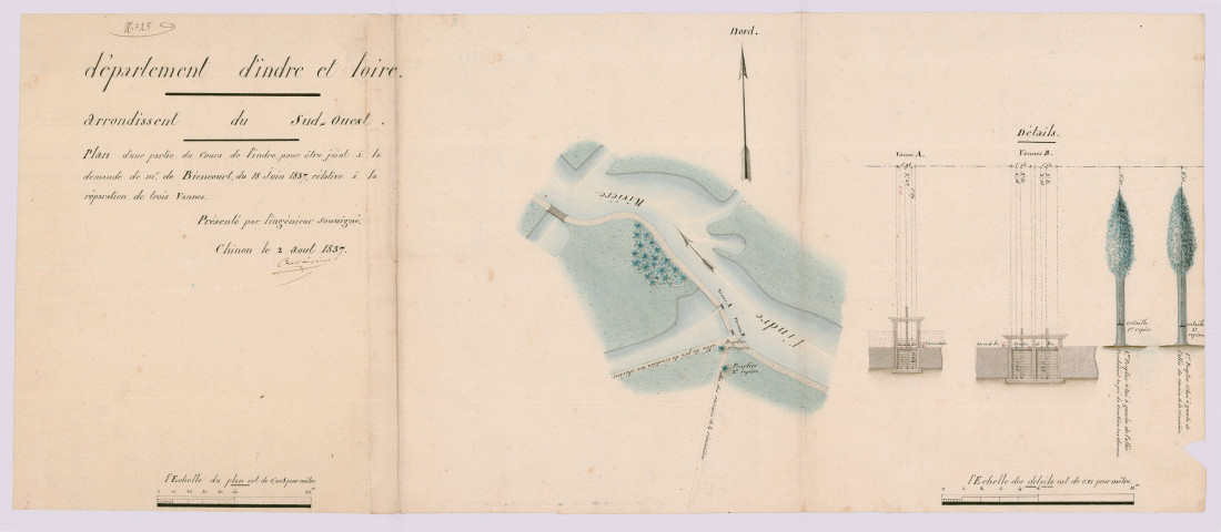 Plan d'une partie du cours de l'Indre pour être joint à la demande de M. de Biencourt du 18 juin 1837 relative à la réparation de trois vannes (2 août 1837)