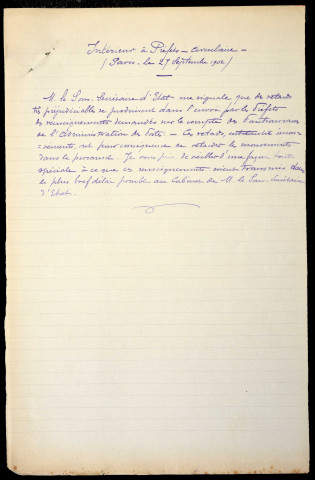Personnel : généralités, correspondance, instructions (1830-1940) ; demandes de renseignements sur postulants à un emploi (enquête 1938).