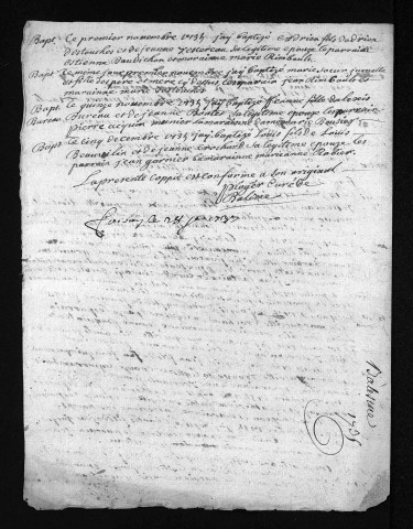 Collection du greffe. Baptêmes, mariages, sépultures, 1735