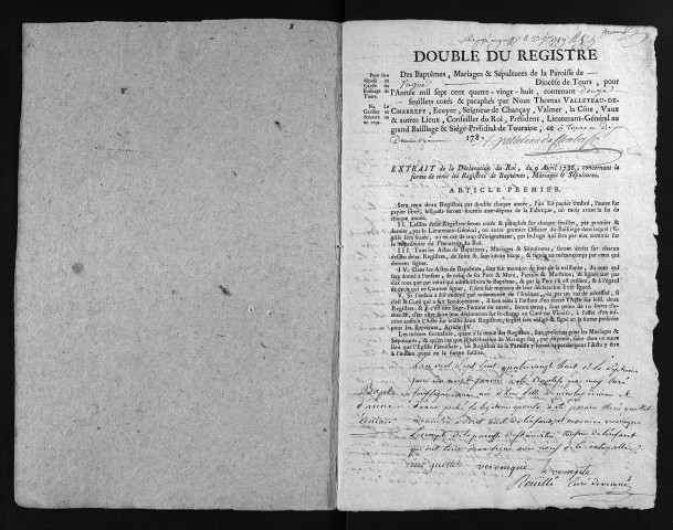 Collection du greffe. Baptêmes, mariages, sépultures, 1788