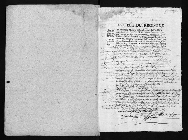 Collection du greffe. Baptêmes, mariages, sépultures, 1761