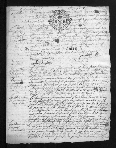 Collection du greffe. Baptêmes, mariages, sépultures, 1735-1736