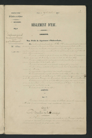 Arrêté portant règlement hydraulique des usines de l'Indre situées dans la commune de Monts (29 octobre 1852)