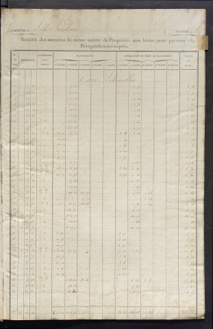 Relevé des numéros de propriétés non bâties de même nature ; relevé des propriétés bâties ; récapitulation de la contenance et du revenu imposables des propriétés.