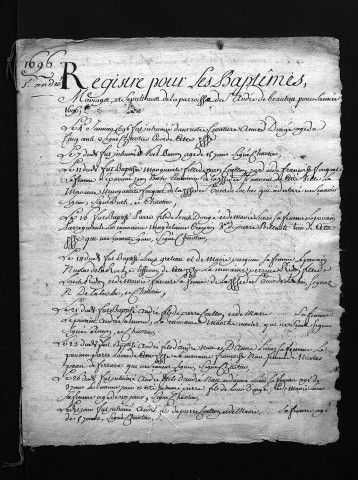 Collection du greffe. Baptêmes, mariages, sépultures, 1696