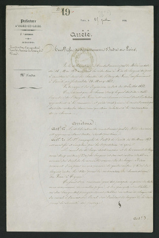 Construction d'un aqueduc dans la chaussée de l'étang de Veau. Arrêté autorisant les travaux et modifiant le règlement (25 juillet 1853)