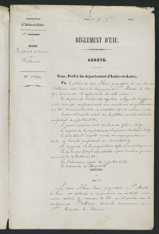 Arrêté portant règlement hydraulique de l'usine de Battereau (19 novembre 1859)