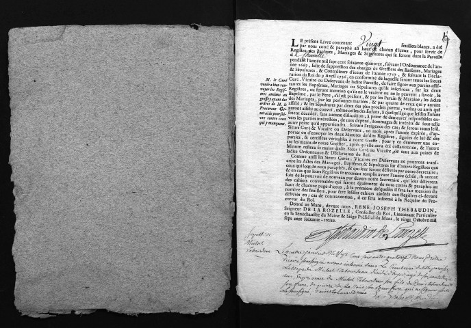 Collection du greffe. Baptêmes, mariages, sépultures, 1774