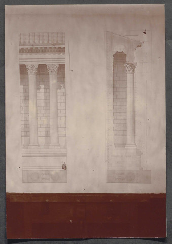 Terracine. Coupe latérale et coupe du portique d'un temple : photographie d'un dessin de Benjamin Chaussemiche.