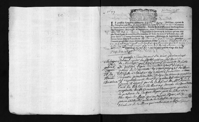 Baptêmes, mariages, sépultures, 1699 - Deux actes au mois de janvier, un en mars puis juillet à décembre.