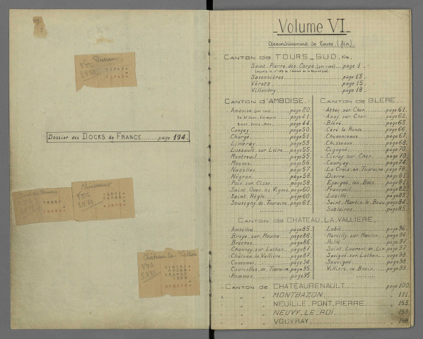 Volume VI - Cantons de Tours sud (2nde partie), Amboise, Bléré, Château-la-Vallière, Château-Renault, Montbazon, Neuillé-Pont-Pierre, Neuvy-le-Roi et Vouvray et immeubles appartenant aux Docks de France : page de titre