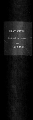 Collection communale. Baptêmes, mariages, sépultures, 1692-1734. Transcription d'un jugement en début de volume daté du 5 novembre 1637
