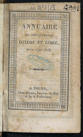Annuaire du département de l'Indre-et-Loire - 1818.