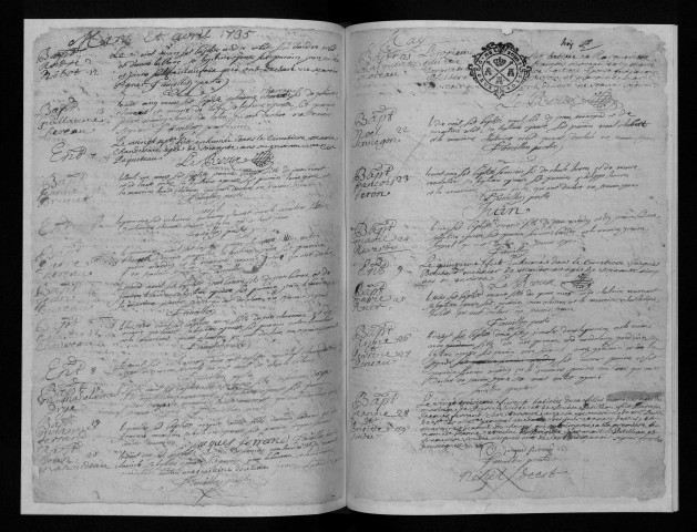 Collection communale. Baptêmes, mariages, sépultures, 1735-1736