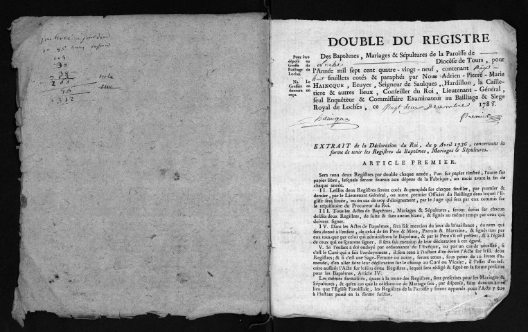 Collection du greffe. Baptêmes, mariages, sépultures, 1789