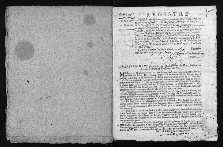 Collection du greffe. Baptêmes, mariages, sépultures, 1783