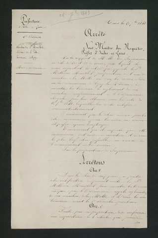 Arrêté préfectoral de mise en demeure d'éxécution de travaux réglementaires (26 septembre 1843)