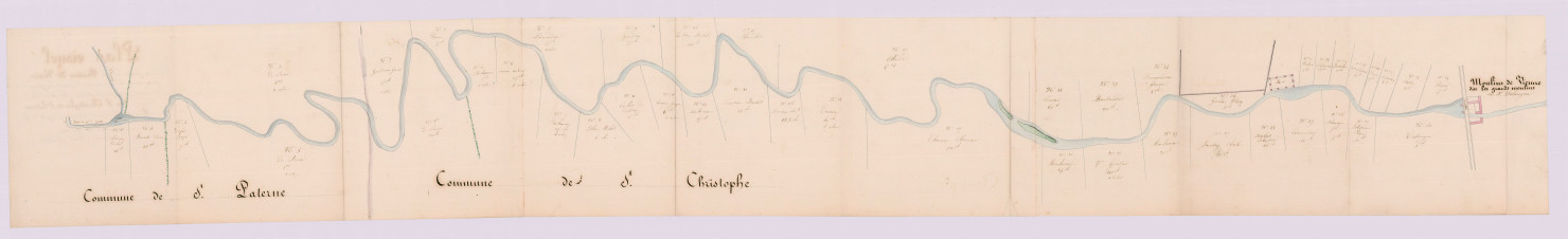 Plan visuel d'une partie de la rivière de Nais pour servir à son curage à Saint-Christophe-sur-le-Nais et à Saint-Paterne-Racan (30 août 1820)