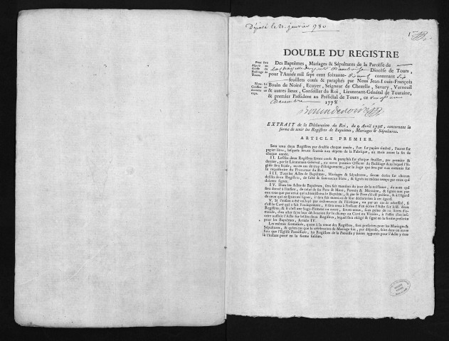 Collection du greffe. Baptêmes, mariages, sépultures, 13 janvier 1779-2 janvier 1780