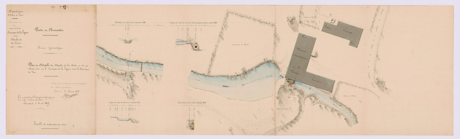 Plan et détails du moulin de la Roche et de ses abords (1er mars 1855)