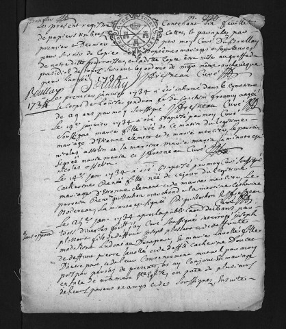 Collection du greffe. Baptêmes, mariages, sépultures, 1734