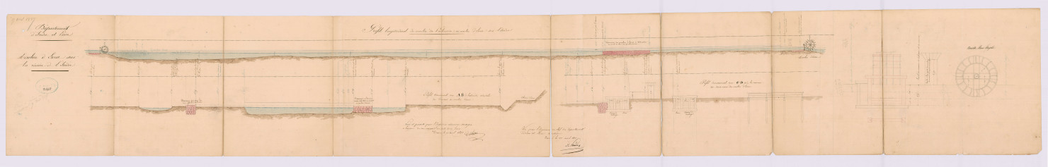 Plan et profil longitudinal de la rivière de l'Indre et des moulins des Poulineries et d'Esvres (17 avril 1827)