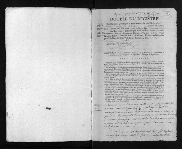 Collection du greffe. Baptêmes, mariages, sépultures, 1787