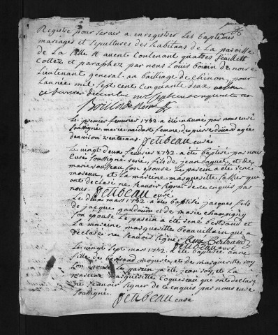 Collection du greffe. Baptêmes, mariages, sépultures, 1752