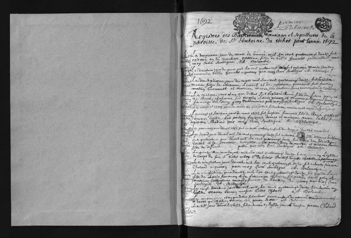 Collection communale. Baptêmes, mariages, sépultures, 3 mars 1692-1709
