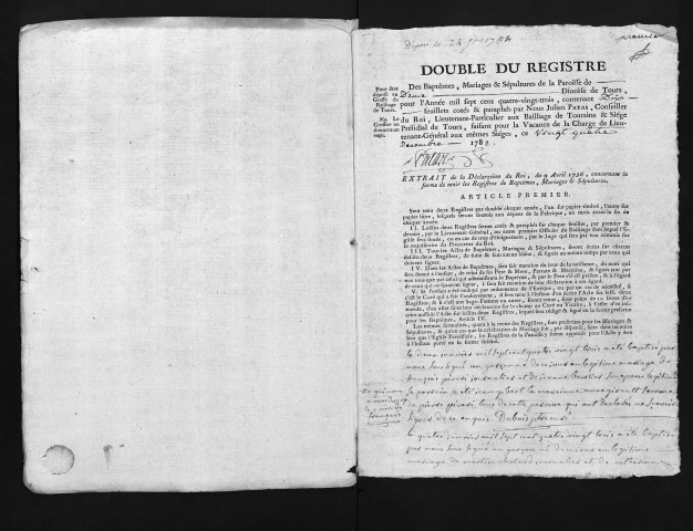 Collection du greffe. Baptêmes, mariages, sépultures, 1783