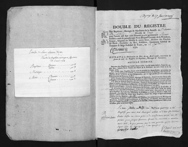 Collection du greffe. Baptêmes, mariages, sépultures, 1774