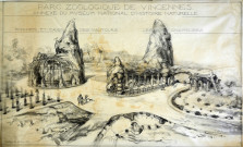 Projet d'aménagement du parc zoologique de Vincennes (annexe du Museum national d'histoire naturelle) : dessin, perspective des rochers de la Fauverie, rocher et cage des vautours, 15 juin 1932.