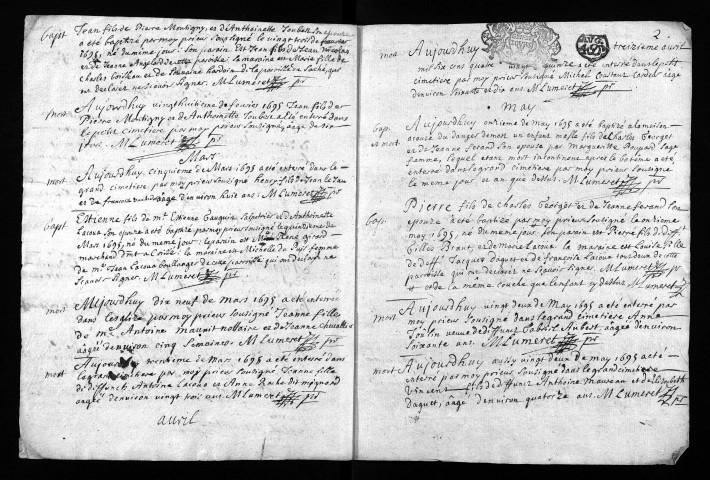 Collection du greffe. Baptêmes, mariages, sépultures, 1695 - Les années 1685-1694 sont lacunaires dans cette collection