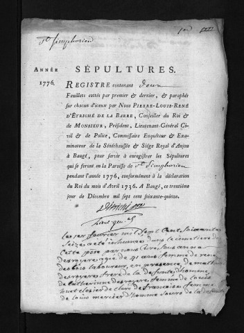 Collection du greffe. Baptêmes, mariages, sépultures, 1776