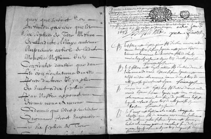 Baptêmes, mariages, sépultures, 1693 - L'année 1692 est lacunaire dans la collection du greffe