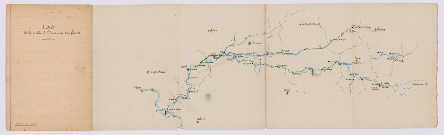 Carte de la vallée de l'Esves et de ses affluents jointe au rapport à l'appui du projet de règlement d'ensemble des usines de ces cours d'eau (5 mai 1860)