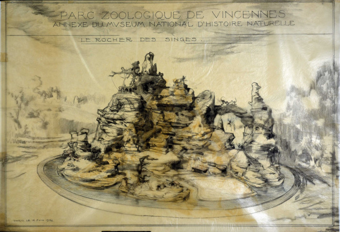 Projet d'aménagement du parc zoologique de Vincennes (annexe du Museum national d'histoire naturelle) : dessin, le rocher des singes, 12 juin 1932.