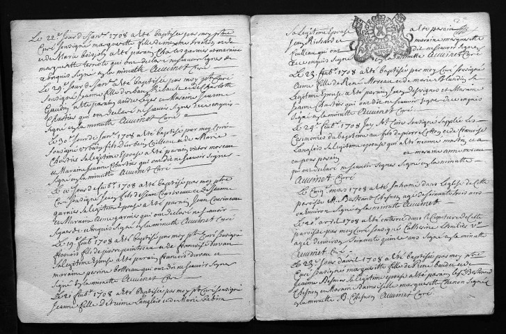 Collection du greffe. Baptêmes, mariages, sépultures, 1708 - Lacune juin 1708